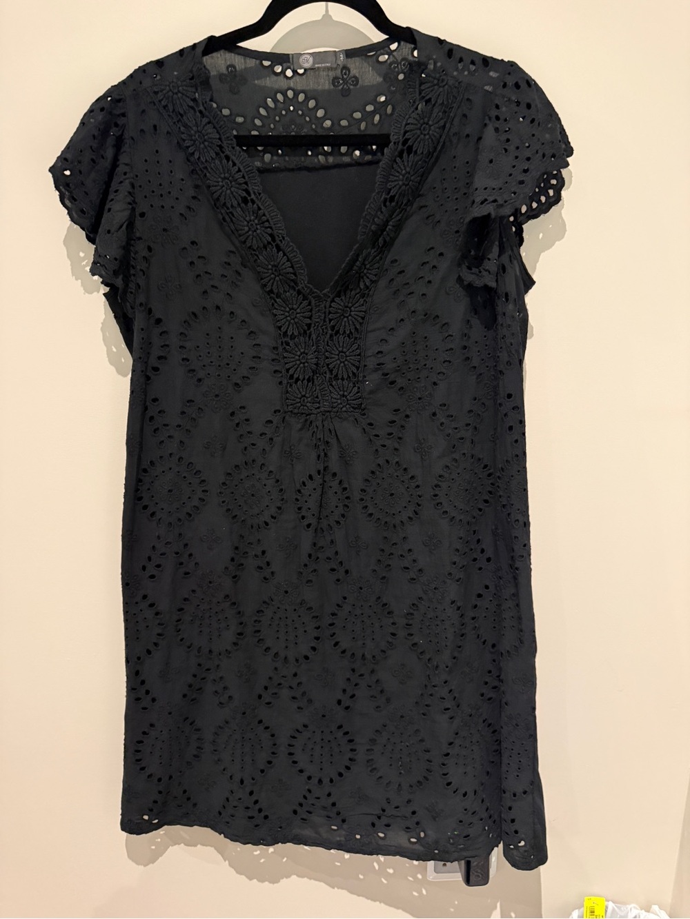 Made in Italy Black Eyelet Embroidered Cotton Tunic Dress M Boho